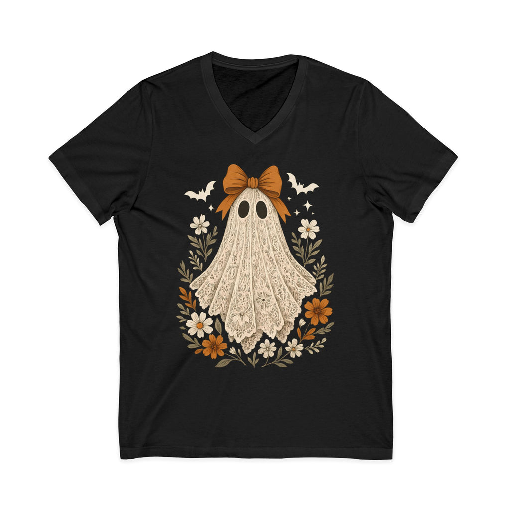 Autumn Lace Ghost V-Neck Tee — Cute Fall Halloween Graphic Shirt