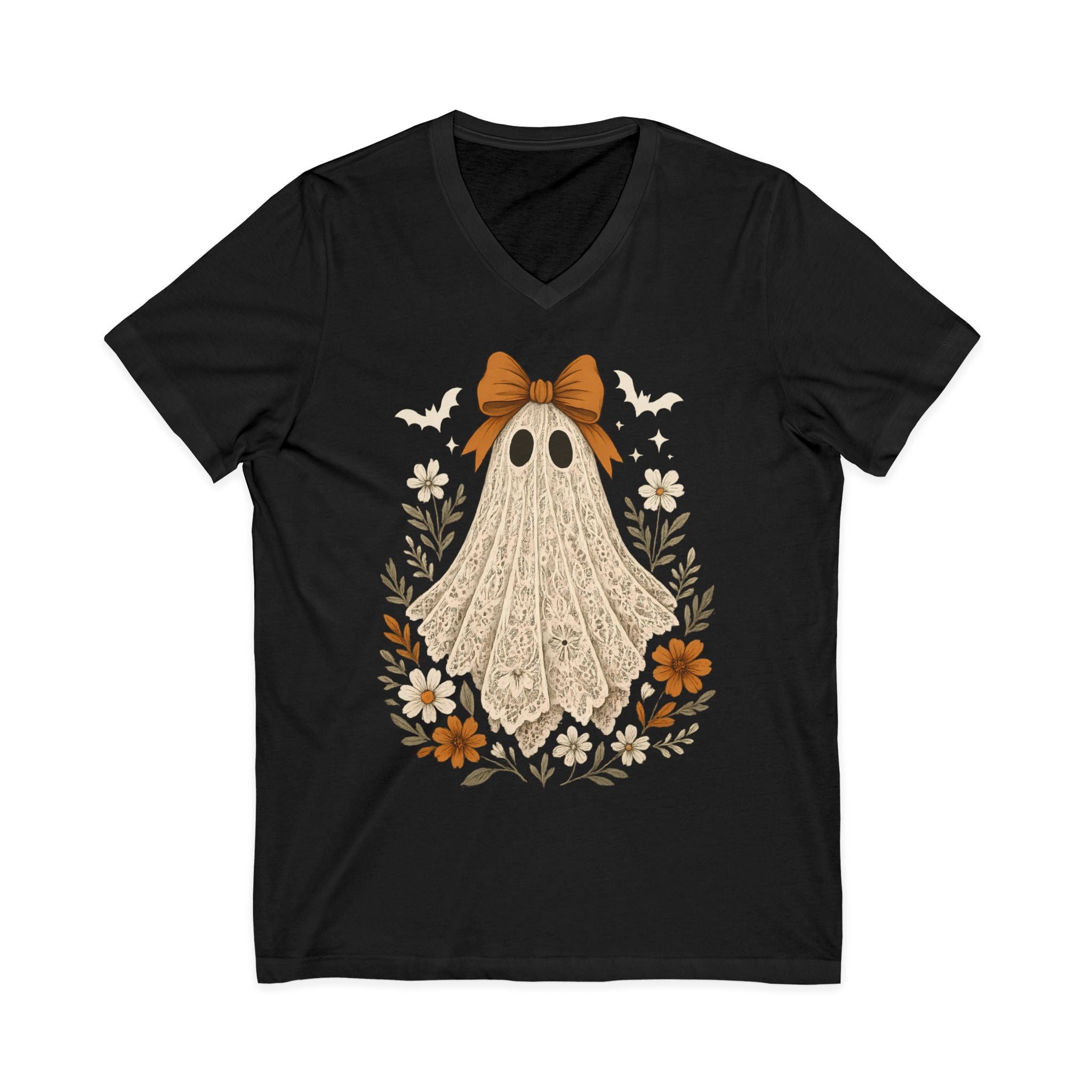 Autumn Lace Ghost V-Neck Tee — Cute Fall Halloween Graphic Shirt