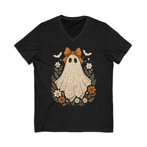 Autumn Lace Ghost V-Neck Tee — Cute Fall Halloween Graphic Shirt