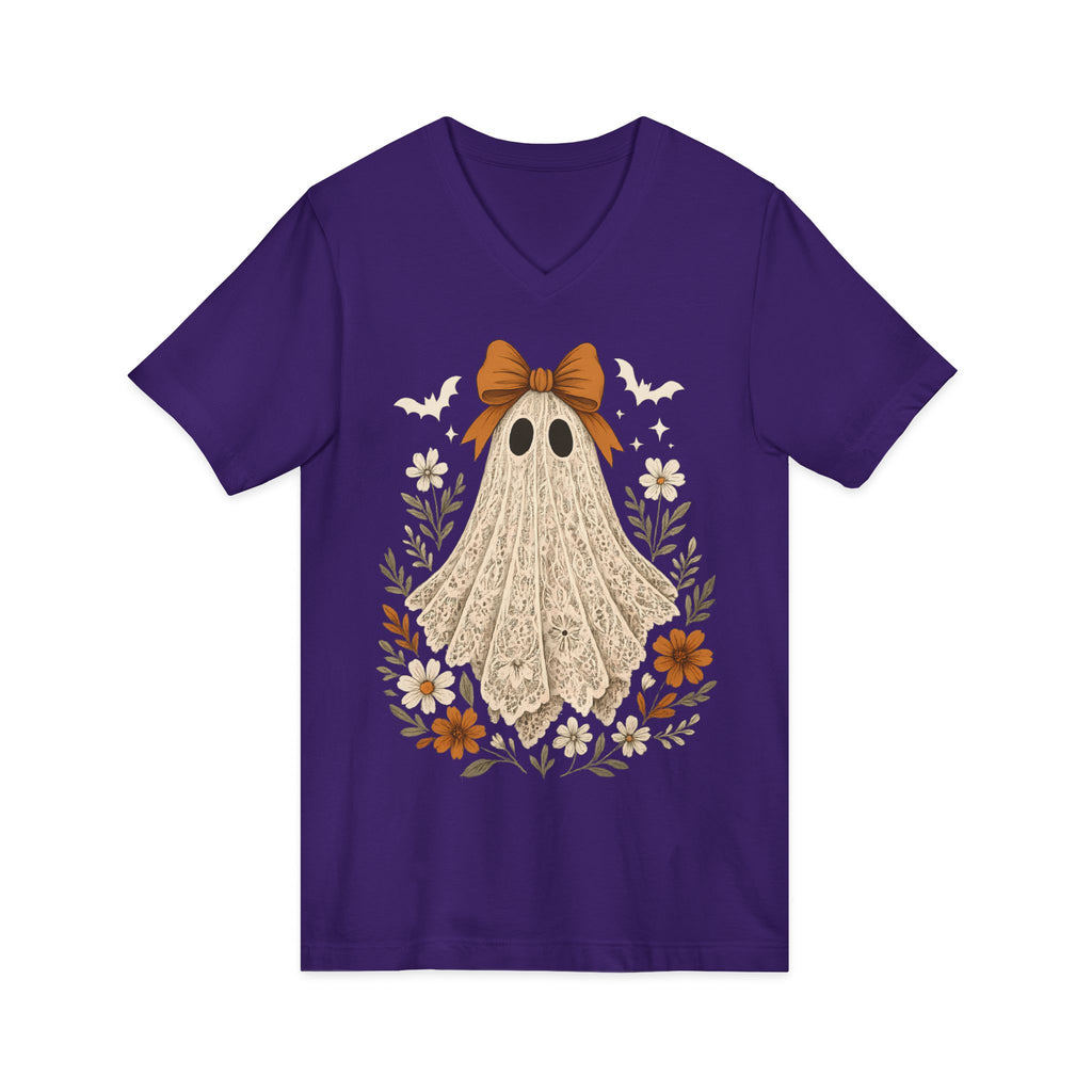 Autumn Lace Ghost V-Neck Tee — Cute Fall Halloween Graphic Shirt