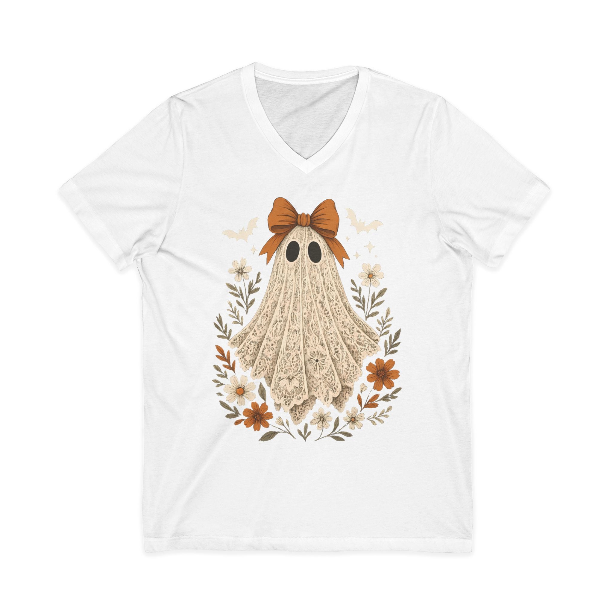 Autumn Lace Ghost V-Neck Tee — Cute Fall Halloween Graphic Shirt