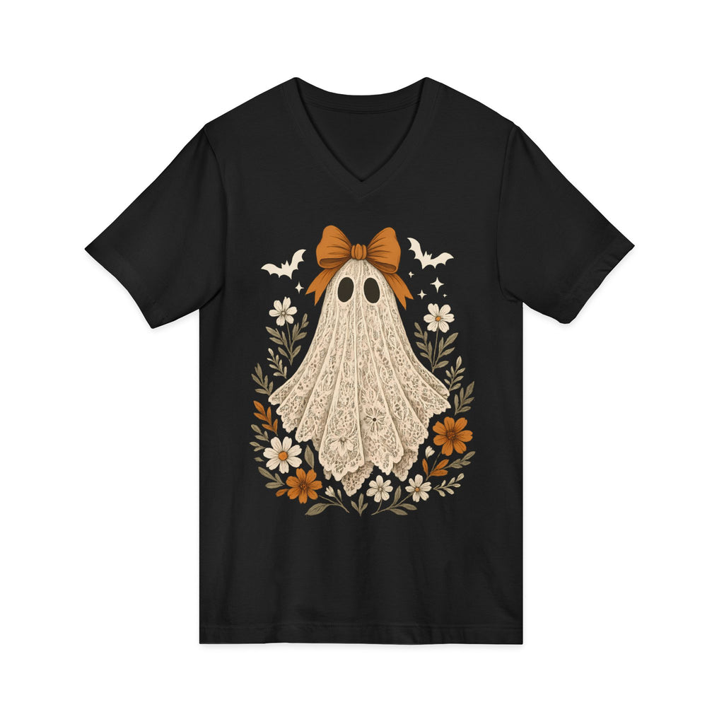 Autumn Lace Ghost V-Neck Tee — Cute Fall Halloween Graphic Shirt