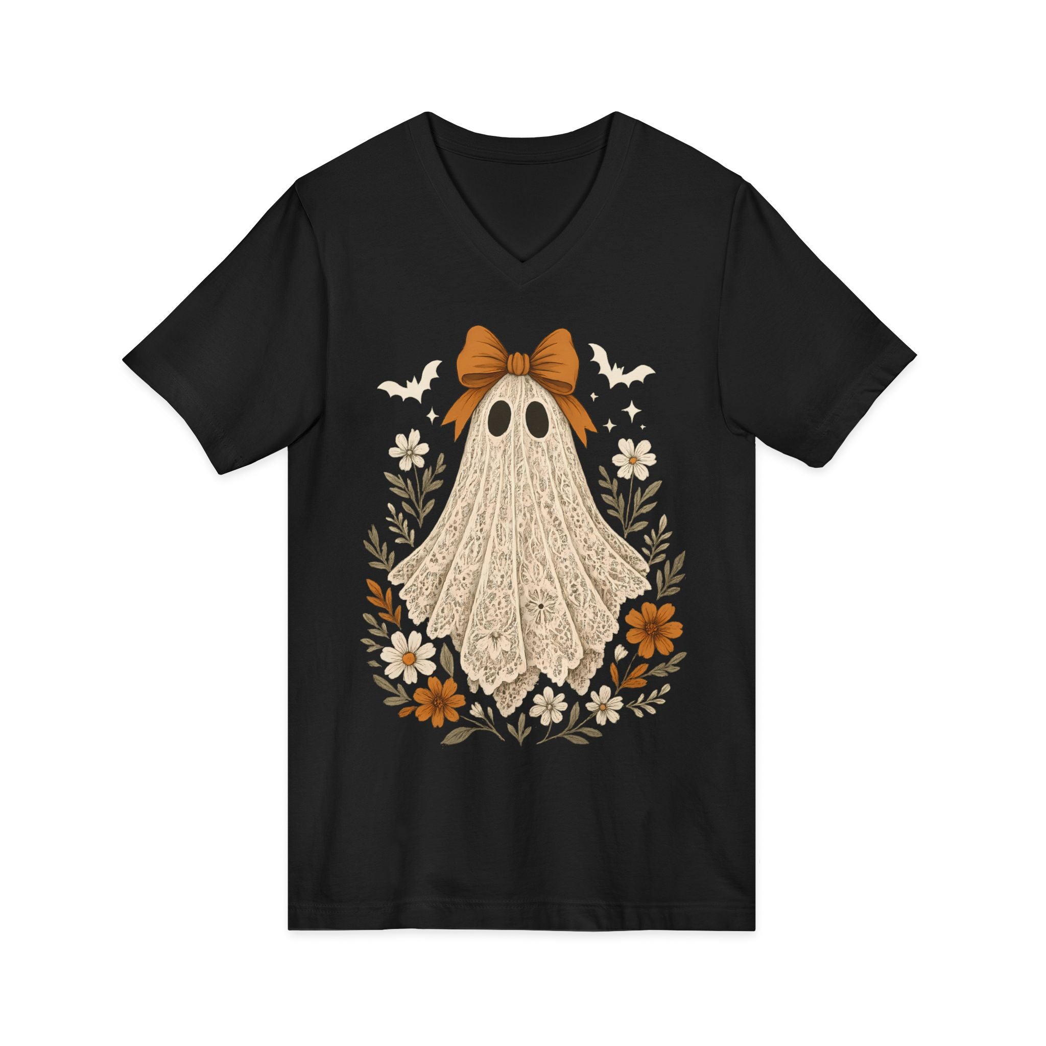 Autumn Lace Ghost V-Neck Tee — Cute Fall Halloween Graphic Shirt
