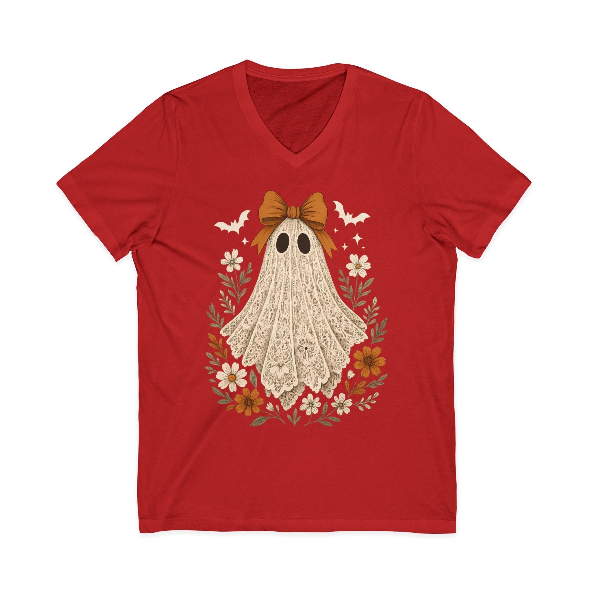 Autumn Lace Ghost V-Neck Tee — Cute Fall Halloween Graphic Shirt