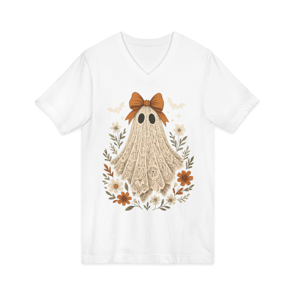 Autumn Lace Ghost V-Neck Tee — Cute Fall Halloween Graphic Shirt