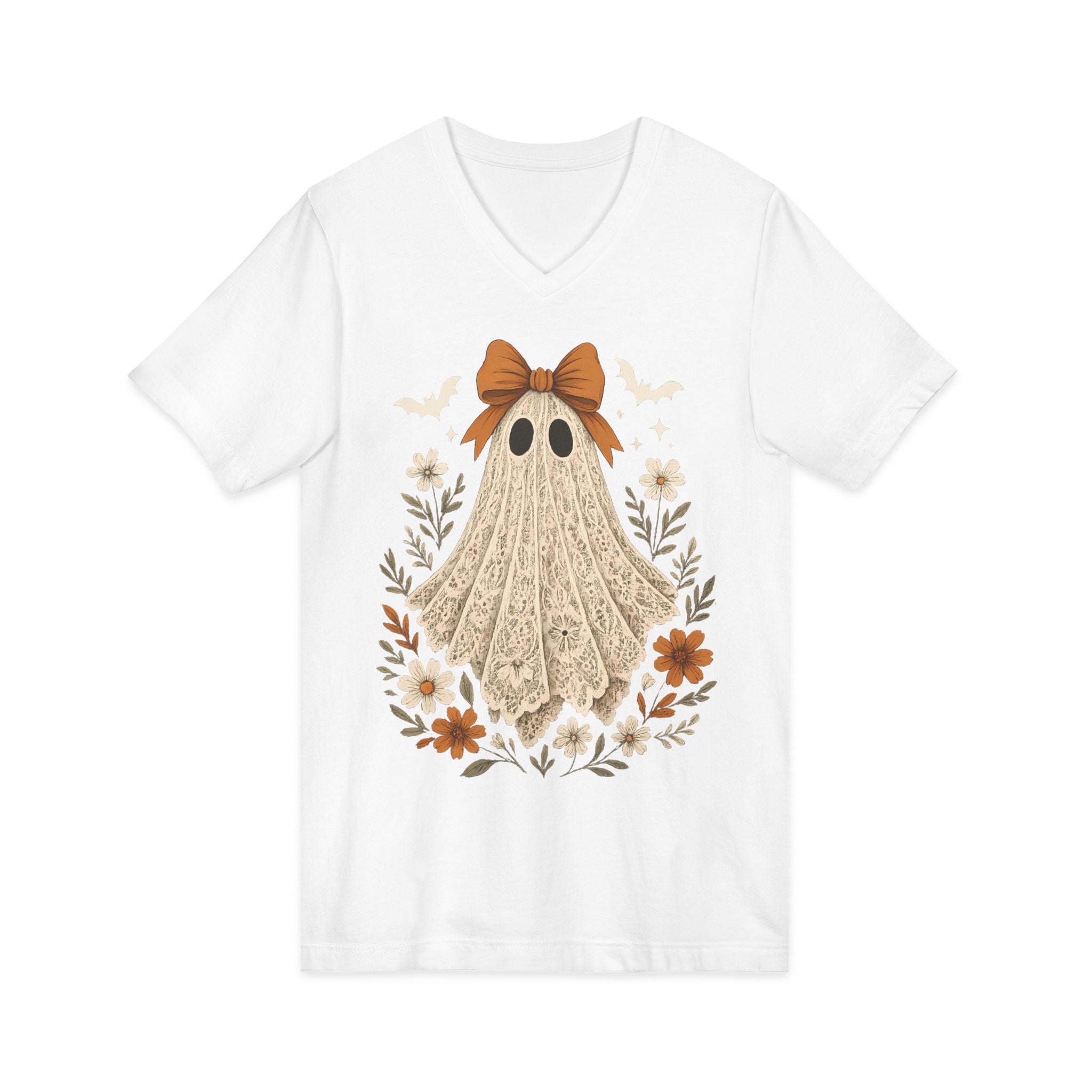 Autumn Lace Ghost V-Neck Tee — Cute Fall Halloween Graphic Shirt