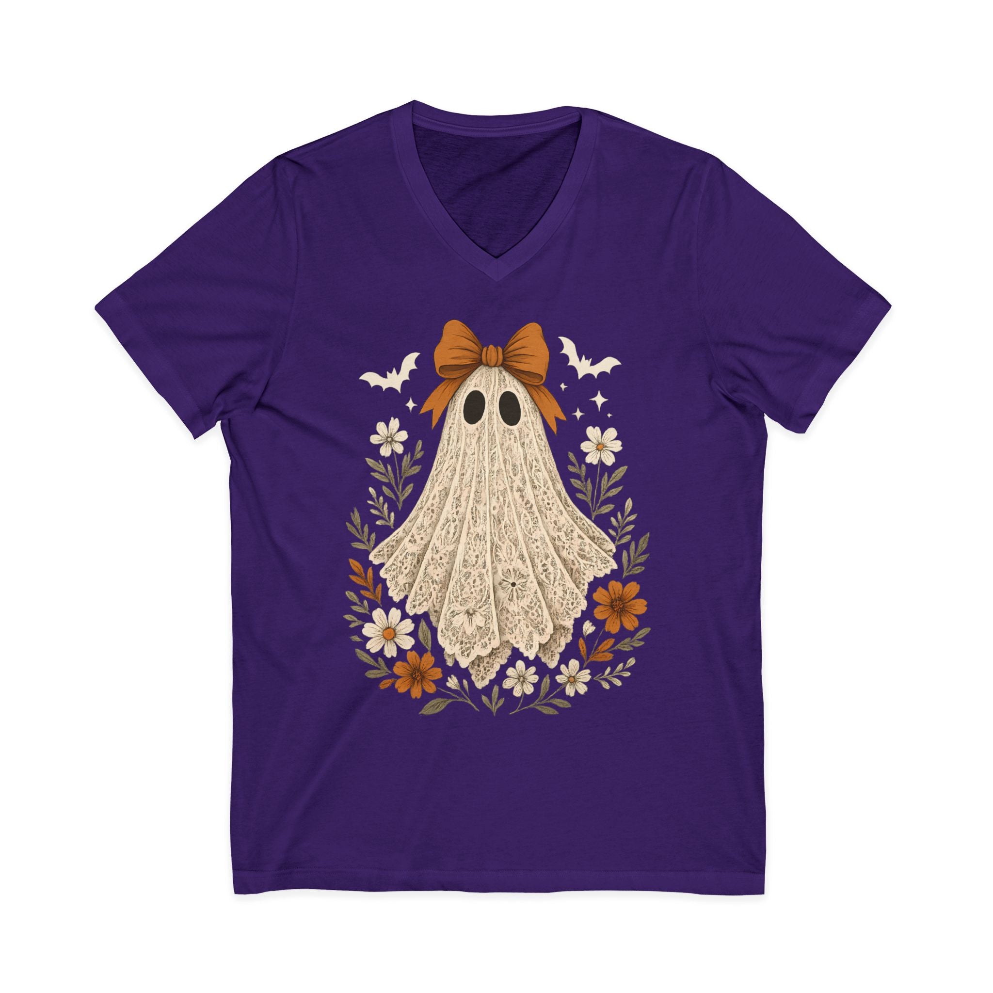 Autumn Lace Ghost V-Neck Tee — Cute Fall Halloween Graphic Shirt