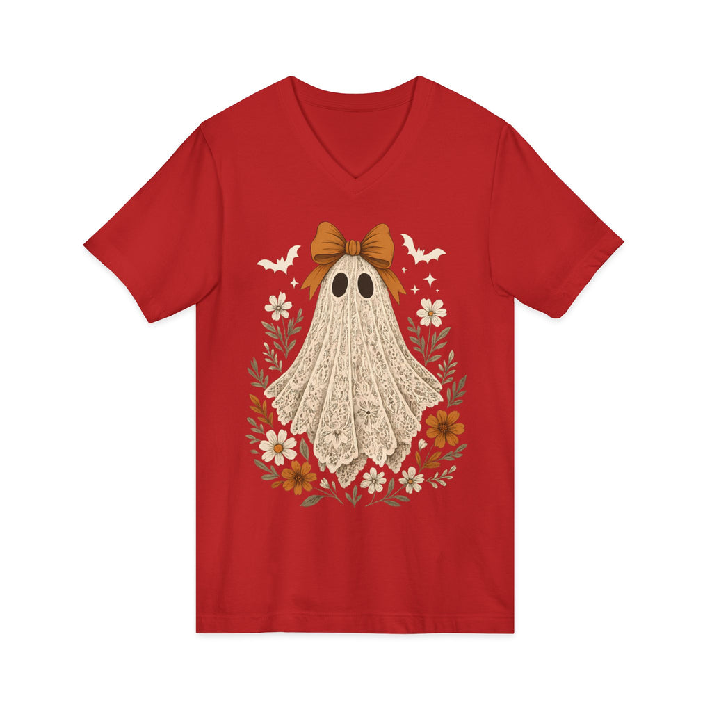 Autumn Lace Ghost V-Neck Tee — Cute Fall Halloween Graphic Shirt