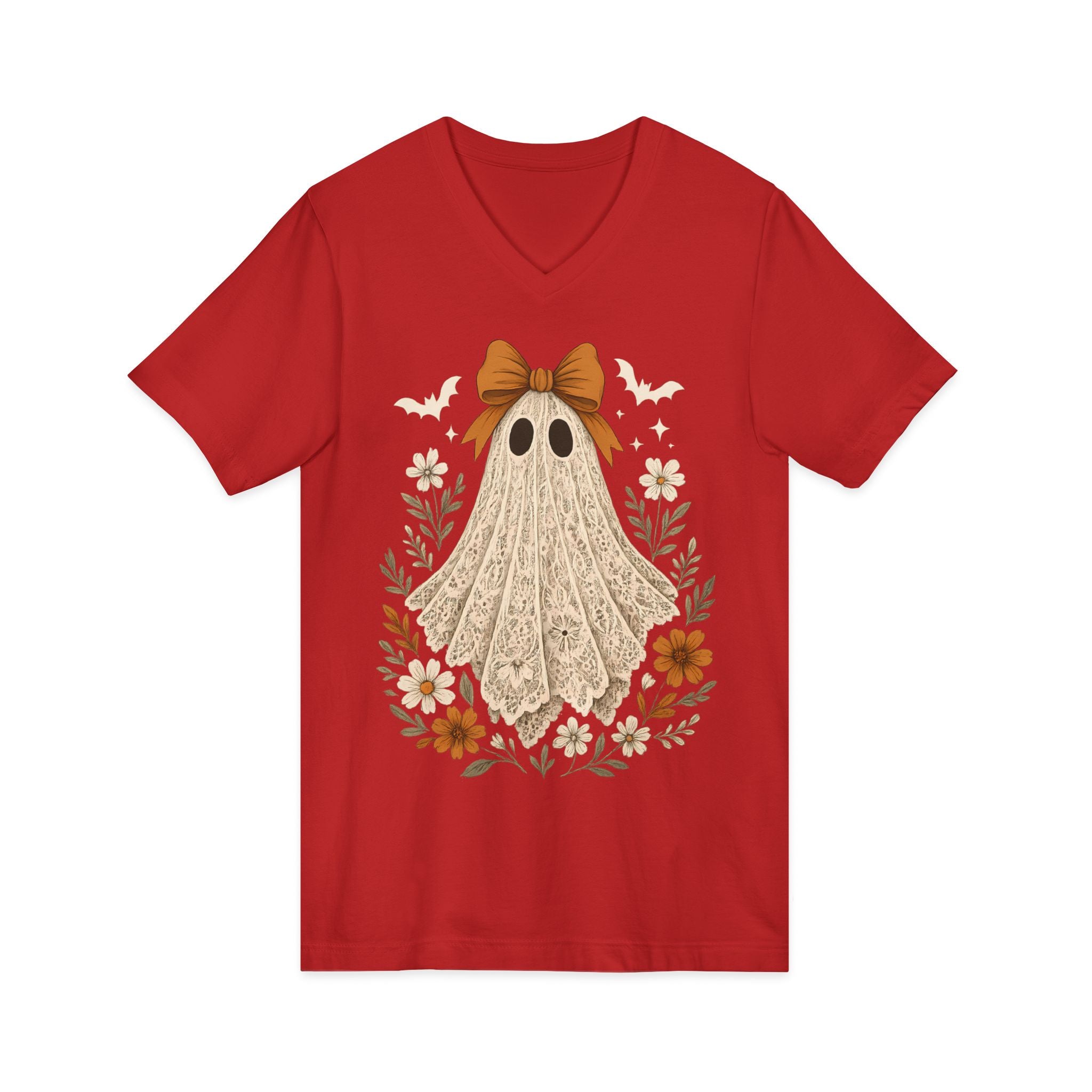Autumn Lace Ghost V-Neck Tee — Cute Fall Halloween Graphic Shirt